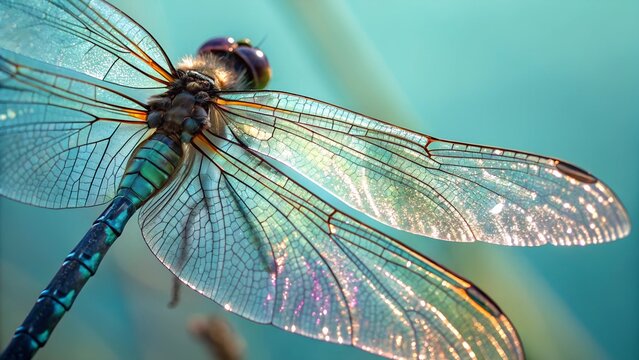 Dragonfly's Gemlike Wings: A stunning close-up captures a dragonfly's delicate, iridescent wings, showcasing intricate patterns and a vibrant, eye-catching color palette. 