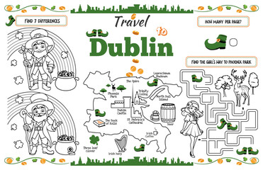 A fun placemat for kids. Printable “Travel to Dublin” activity sheet with a labyrinth and find the differences. 17x11 inch printable vector file