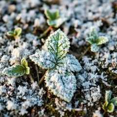 A single frost-covered mint leaf on the ground, frost, snow