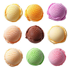 A colorful assortment of ice cream scoops in various flavors arranged in a grid pattern. isolated on white background.
