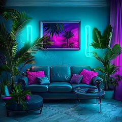 Neon Teal Living Room Illustration