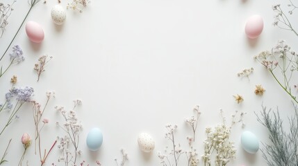 Fototapeta premium Pastel easter eggs and delicate flowers on white background