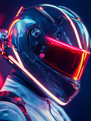 a professional race car driver wearing a futuristic racing helmet