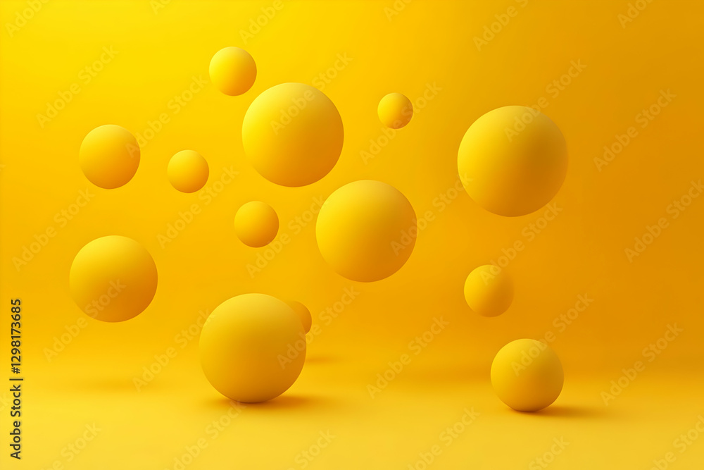 Poster yellow 3d abstract background with floating spheres
