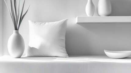 White Pillow, Modern Shelf, Minimalist Decor