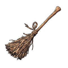 A handmade broom featuring a wooden handle and tightly bound straw bristles, designed for sweeping. isolated on white background.