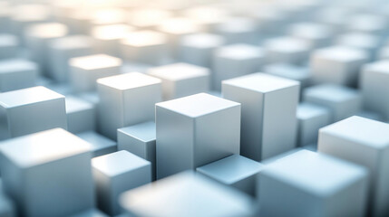 Randomly arranged white cube boxes fading out on a modern background symbolizing abstraction transition emptiness and minimalism with copy space for creative design.

