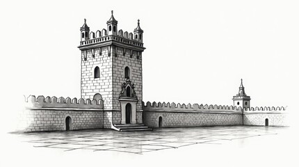 Fototapeta premium Etching-Style Pen Drawing of the Torre del Oro in Seville