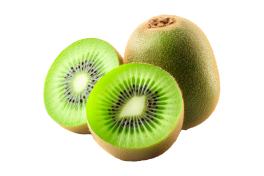 Whole and halved kiwi fruits with vibrant green flesh and brown fuzzy skin, isolated on white transparent background. Concept of tropical fruit freshness