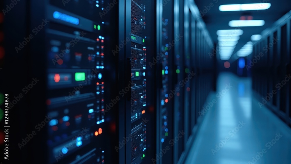 Poster high performance computing. dark hallway of server room with many rows of servers