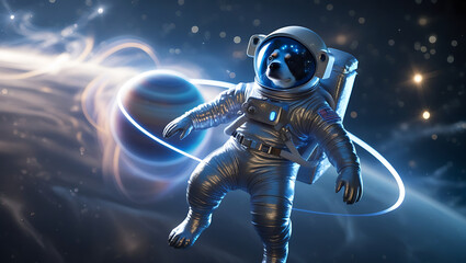 Fototapeta premium A mesmerizing, hyper-realistic visual representation of astronaut Dog, suspended in mid-air, surrounded by a majestic, gas-giant planet with iridescent, created by generative ai