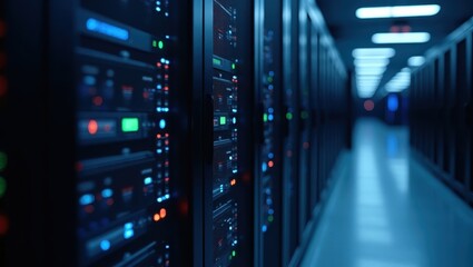 High Performance Computing. Dark hallway of server room with many rows of servers
