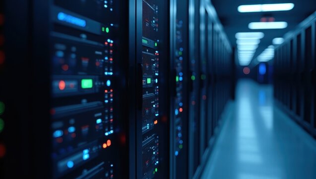 High Performance Computing. Dark hallway of server room with many rows of servers