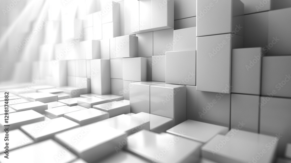 Poster randomly arranged white cube boxes fading out on a modern background symbolizing abstraction transit