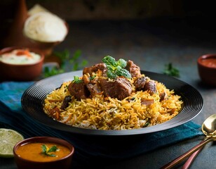 indian meat biryani, Spicy mutton biryani food photography