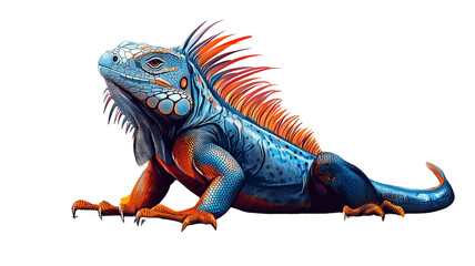 Fototapeta premium A colorful blue and orange iguana basking in the sun, isolated on a transparent background, highlighting its spiky crest and muscular body.