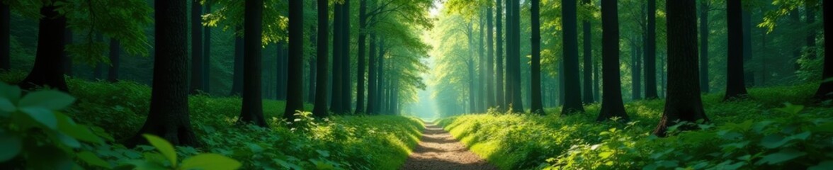 Obraz premium Dense forest with a single path and tall trees, forest, greenery