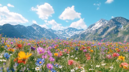 Colorful alpine meadow, snow-capped mountains, sunny day.  Possible use Stock photo for nature, travel, tourism