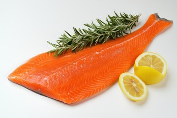 Fresh salmon fillet, rosemary, lemon, white background, food photography