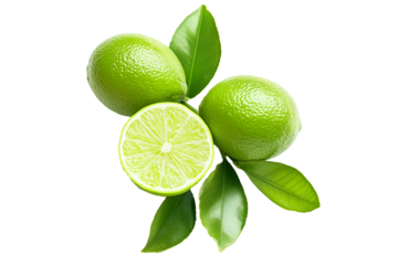 Whole and halved green limes with fresh leaves, presented on white transparent background, highlighting freshness and citrus concept.