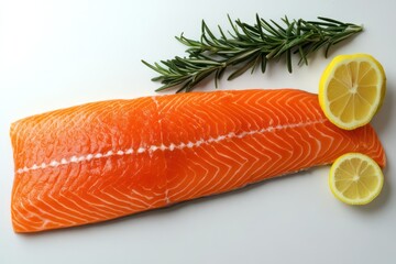 Fresh salmon fillet, lemon, rosemary, white background, food photography