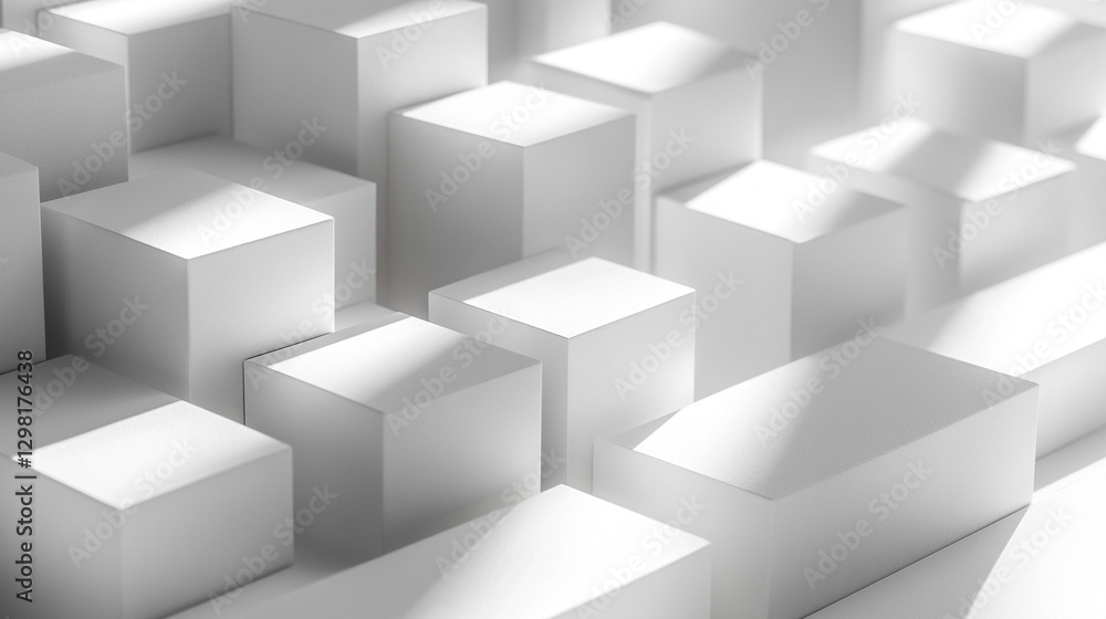 Poster randomly arranged white cube boxes fading out on a modern background symbolizing abstraction transit