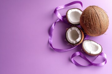 Obraz premium Whole coconut with sliced halves and purple ribbon on the purple background