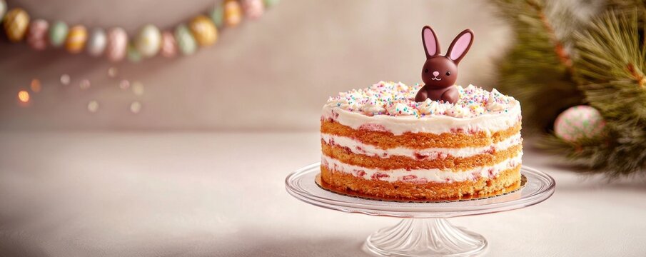 Spring themed pastel cake bakery and gourmet concept. Easter cake treat concept with layered cake, chocolate bunny topper, and pastel sprinkles for festive holiday celebration