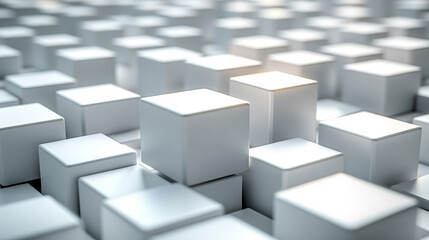 Randomly arranged white cube boxes fading out on a modern background symbolizing abstraction transition emptiness and minimalism with copy space for creative design.

