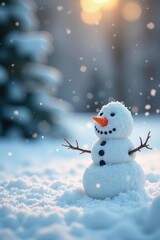 Miniature snowmen with carrot noses in the snowfall, snowy, landscape, snowman