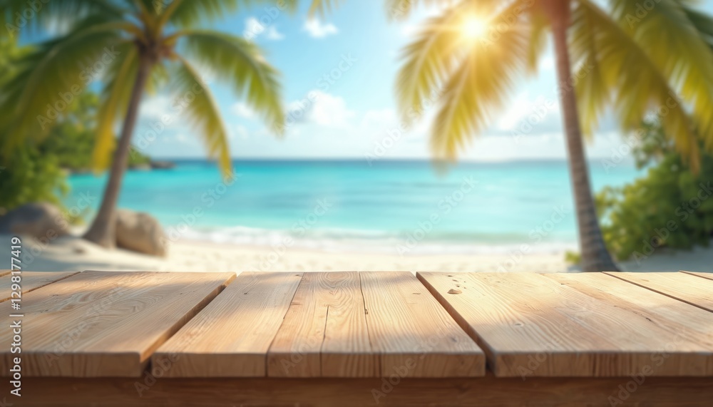 Aufkleber empty wooden table with blurred ocean, palm trees view. sunny serene beach background. wood tabletop