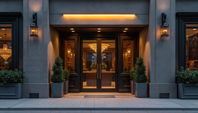 Elegant restaurant facade with inviting entrance, glass doors. Luxury hotel entrance design. Building exterior view warm ambience, light. Bushes in pots welcome guests. Facades attract visitors with