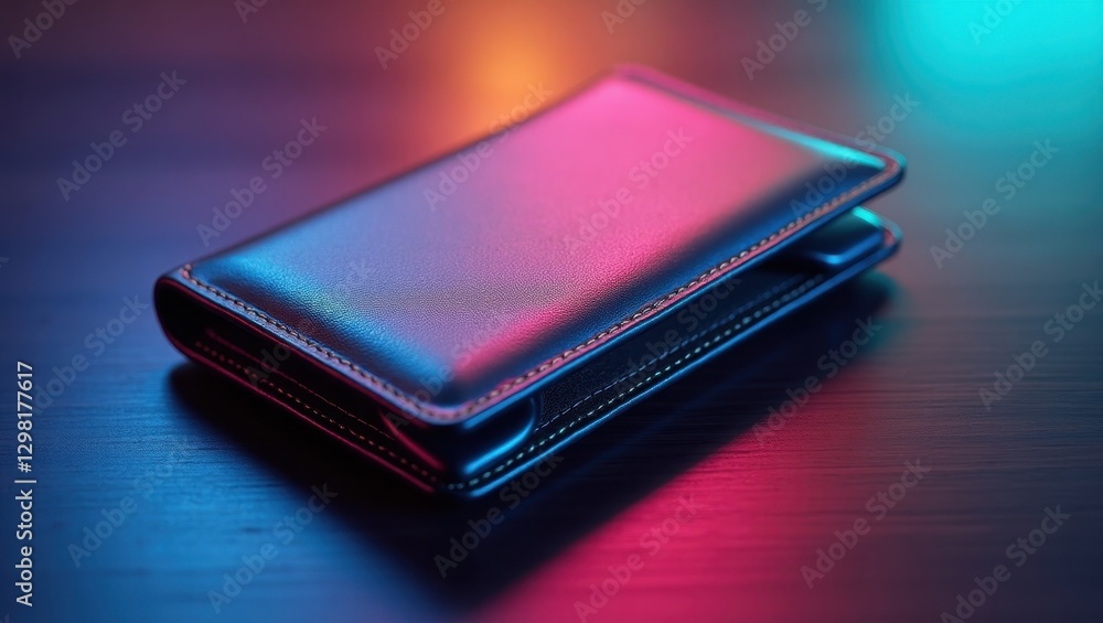 Poster rfid wallet. wallet is on table with red light in background