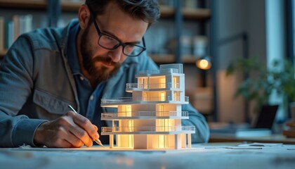 Man focused on architectural model-making, crafting detailed multi-story building with precision tools in workspace with warm ambient lighting. Architect creating building design, architectural