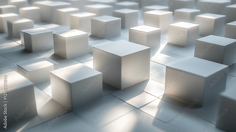 Poster randomly arranged white cube boxes fading out on a modern background symbolizing abstraction transit