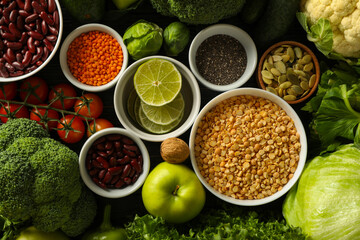 Set of vegan protein products on wooden background, top view