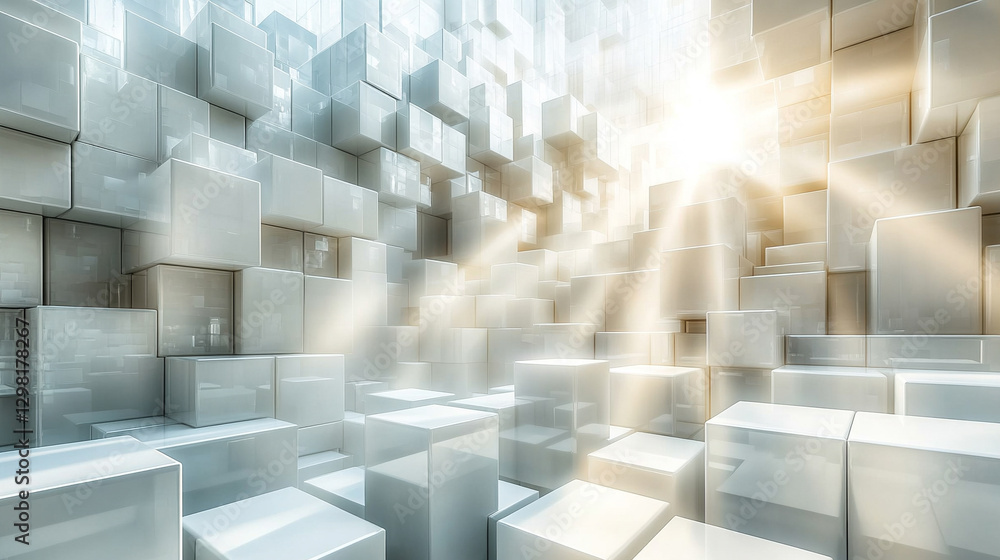 Poster randomly arranged white cube boxes fading out on a modern background symbolizing abstraction transit