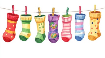 Vibrant watercolor socks, intricately patterned and realistically styled, showcasing rich hues and exquisite detail in every stitch