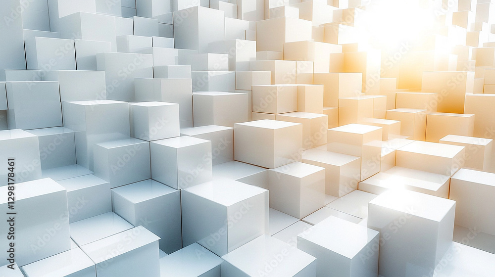 Poster randomly arranged white cube boxes fading out on a modern background symbolizing abstraction transit