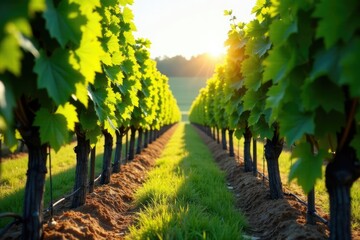 Naklejka premium rows of vines with sunlight filtering through leaves, rustic, foliage
