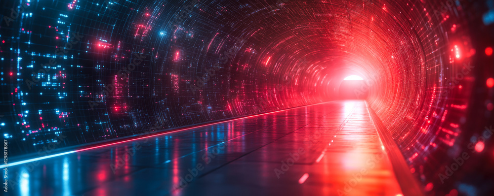 Aufkleber futuristic technology corridor with illuminated digital elements and perspective depth in red and bl