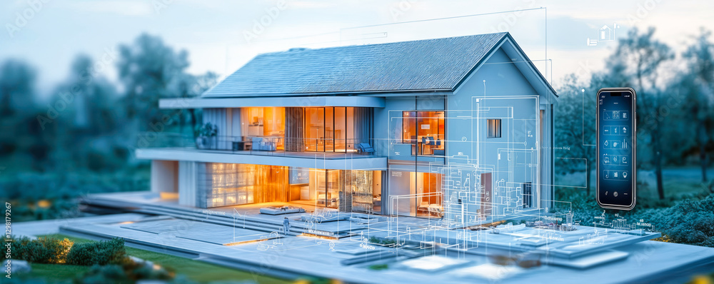 Poster modern smart home with integrated mobile control and advanced home automation technology system