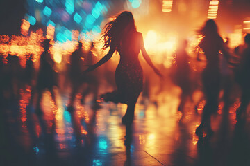 Blurred image of street party with dancing at night. Generated by artificial intelligence