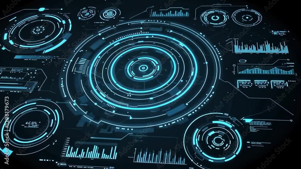 Poster blue holographic interface with circular data displays, representing advanced technology and analysi