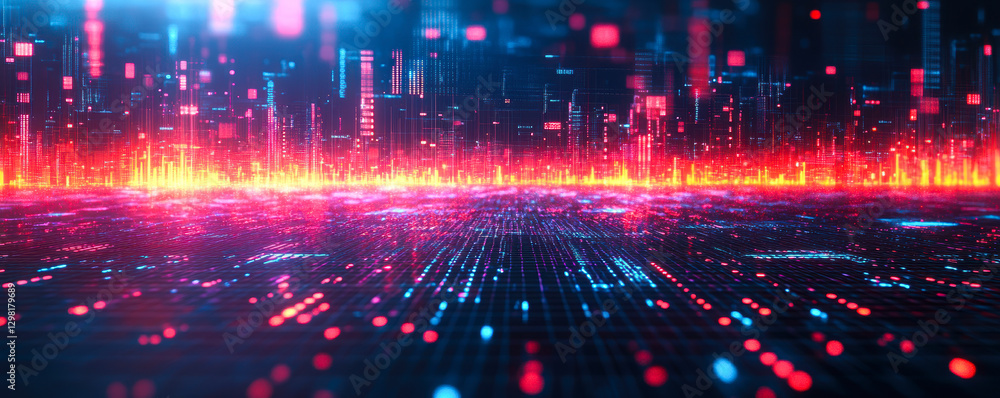 Poster futuristic digital data flow and analysis representation with glowing visuals, abstract science tech