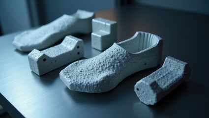 Powder Bed Fusion. 3D printed white gray shoes prototypes on table, in