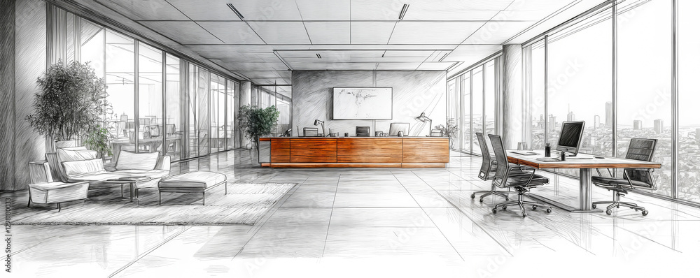 Poster modern open office interior design concept with large windows and minimalist amenities showcasing la
