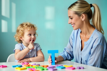 Blond kid girl is sitting at the table. Speech therapist is holding letter T in her fingers.