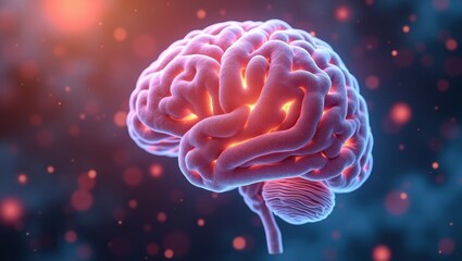Psychobiotic. Human brain glowing purple pink neurons, medical science