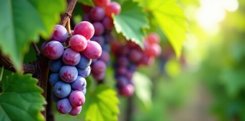 Soft purple clusters of juicy grapes hang from a vine, foliage, texture, lush